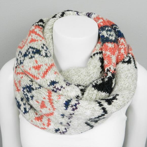 American Eagle Heavyweight Knit Infinity Scarf Beige Orange Southwestern Geo - Picture 1 of 8